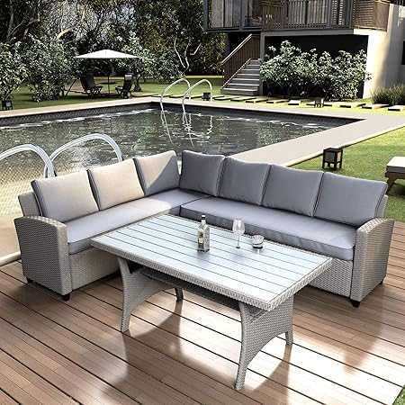 Amazon Com Lz Leisure Zone Patio Dining Table Set Outdoor Furniture Pe Rattan Wicker Conversation Set All Weather Sectional Sofa Set With Table Soft Cushions Grizzle Garden Outdoor