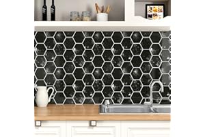 Wallercity Black Subway Tile Hexagon Peel and Stick Backsplash Tiles Marble Back Splash Stick on Tiles for Kitchen 10-Sheets Wall Tile Stickers Backsplash for Bathroom Vinyl Wall Panels 12''x12''
