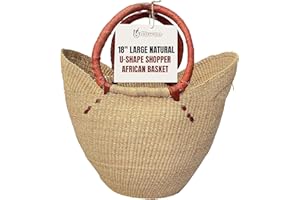 Africa Heartwood Project - Deluxe Large Natural African Shopping Basket with Leather Handle - Classic Heartwood Bolga Market Basket from Women in Bolgatanga, Ghana - 18" U-shape Flat-packed