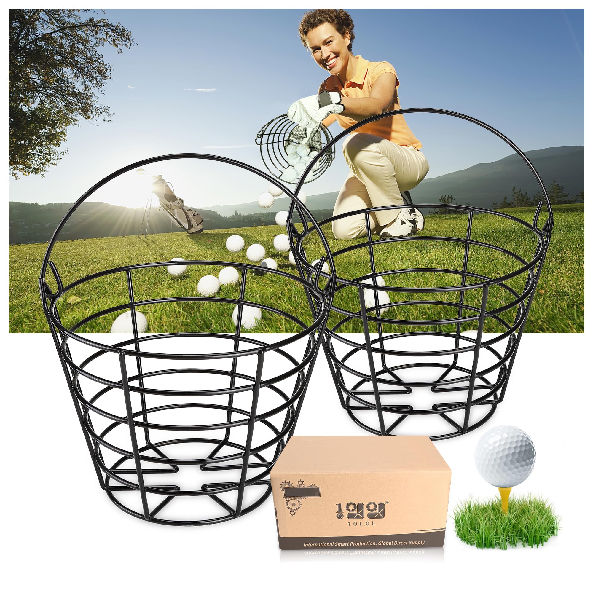 10L0L Metal Golf Ball Basket with Handle, Heavy Duty Golf Ball Bucket 2 Pack