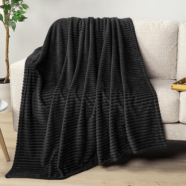 PAVILIA SOFT FLEECE KING BED BLANKET, FUZZY PLUSH FLANNEL, WARM COZY RIBBED MICROFIBER FOR SOFA COUCH, LIGHTWEIGHT STRIPED, BLACK, 108X90