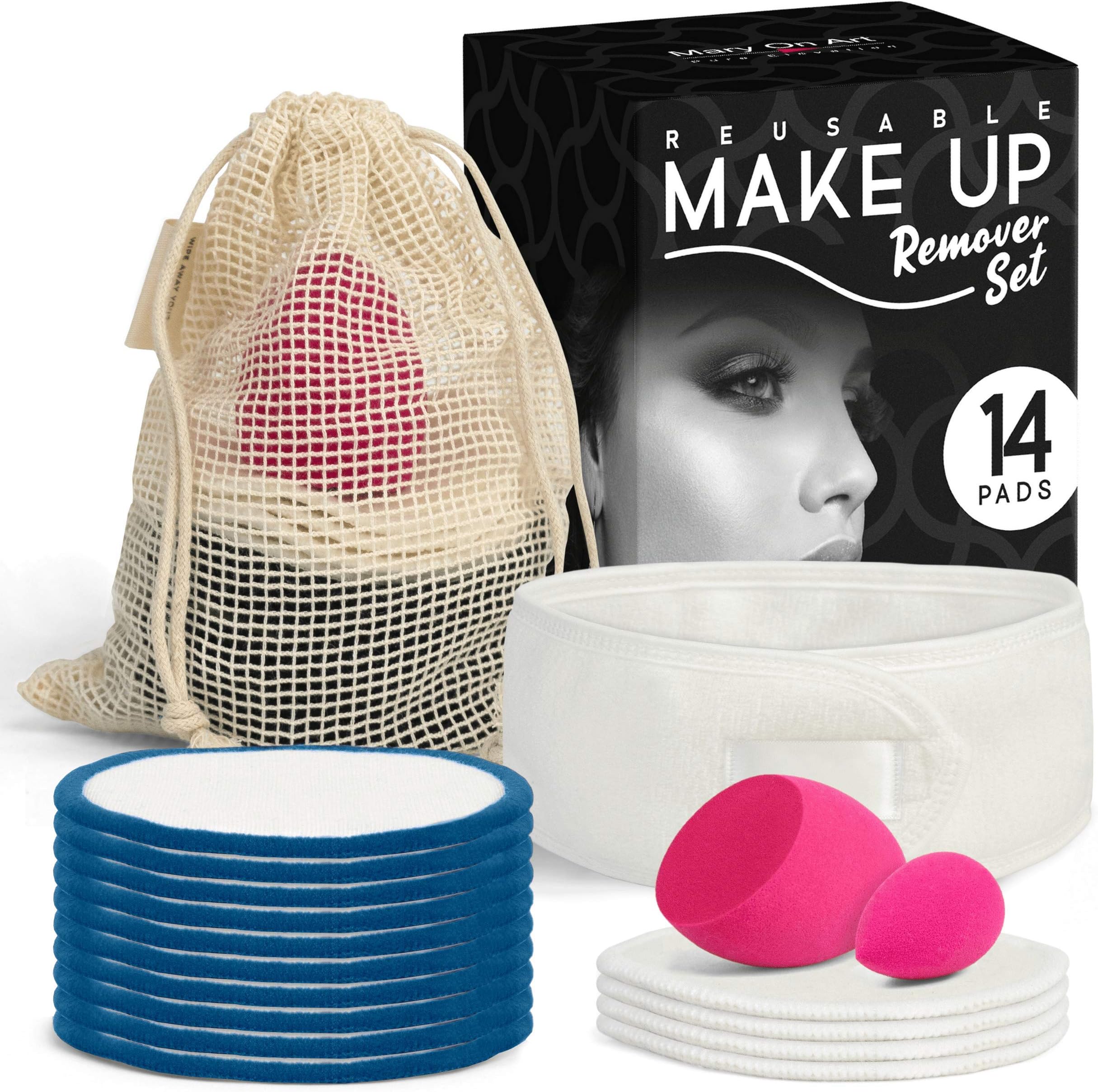 Reusable Cotton Pads Makeup Remover - Set of 14 Bamboo Washable Rounds Soft Remover Face Eye Makeup Pads for All Skin Types 2 Blending Sponge Facial Headband Laundry Bag for Zero Waste Makeup Removal