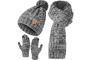 Tavaleu Womens Winter Beanie Hat Scarf Gloves Set, Pom Pom Beanie Warm Knit Scarf Touchscreen Gloves for Cold Weather