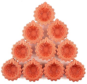 Beingelegant - Set of 10 - Plain Handmade Traditional Swastik Diwali Diya - Mitti Ke Diye - Deepak - Terracotta Clay Decorative Oil Lamps Also Decorate with Painting All Festival