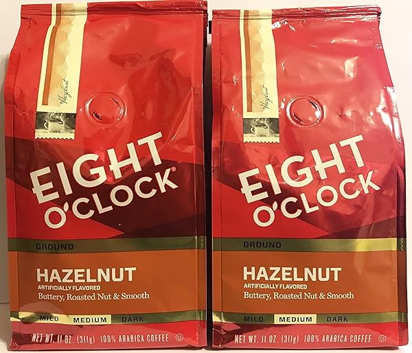 EIGHT O’ CLOCK GROUND COFFEE – HAZELNUT – MEDIUM ROAST – NET WT. 11 OZ (311 G) PER PACKAGE – PACK OF 2 PACKAGES