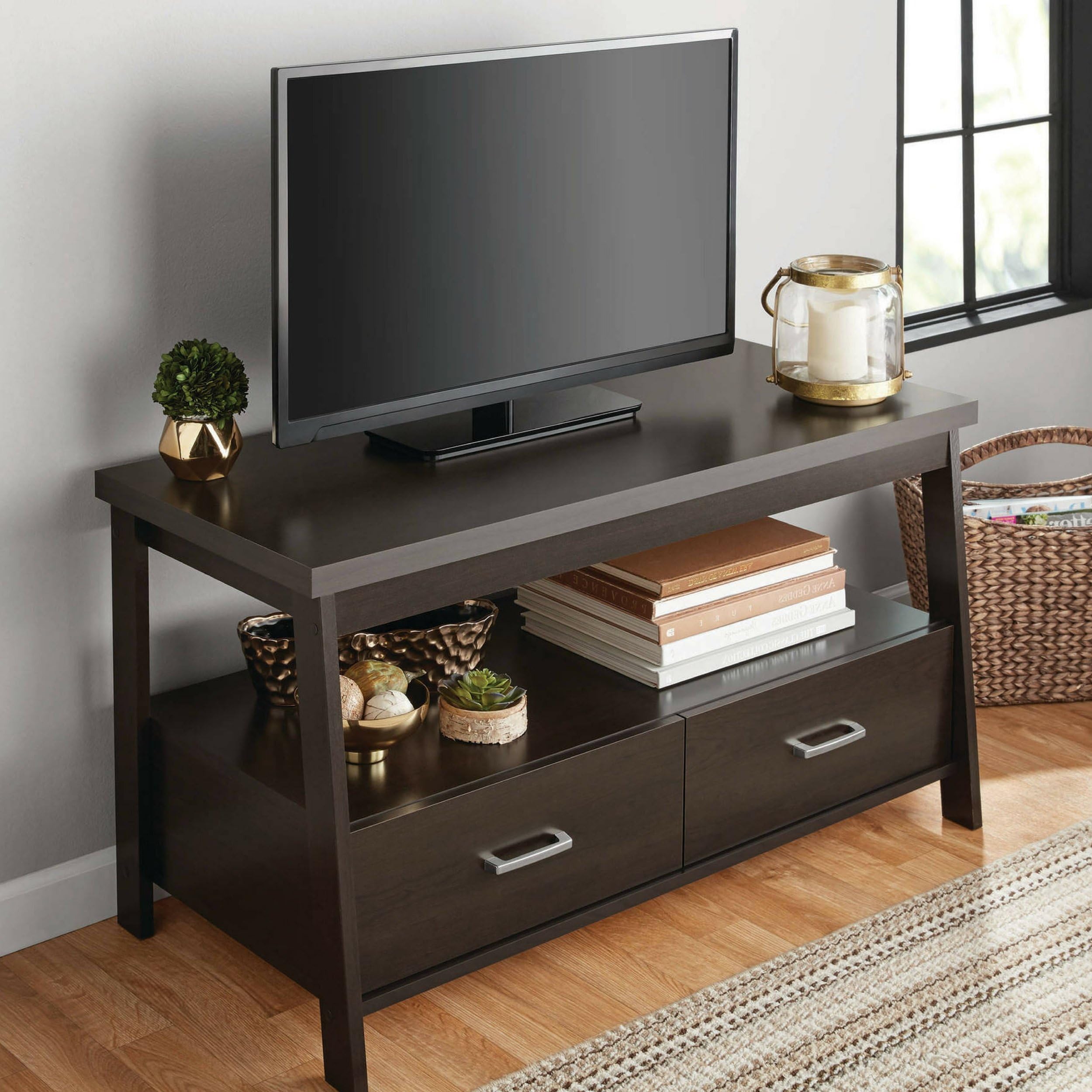Sturdy Wood Construction 47" Espresso TV Stand with Two Storage Drawers
