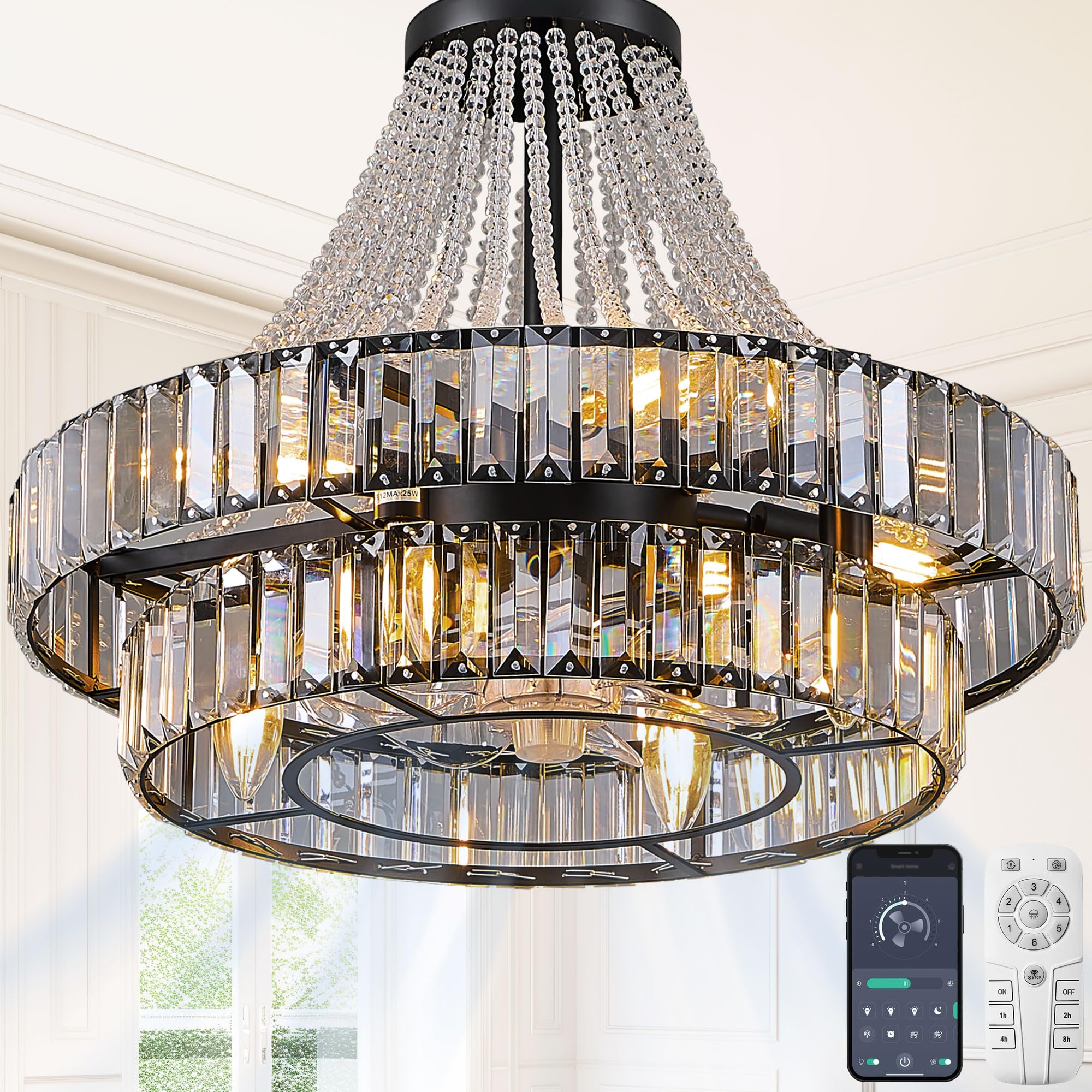 Photo 1 of HEMLDAN 24" Double Layer Crystal Caged Ceiling Fan Light Modern Smart Fandelier for Dining Living Room Bedroom FCC Remote/APP Control Italian Design (Crystal, 24IN)