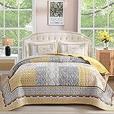 WONGS BEDDING Yellow Quilt Set King Size,Bohemian Patchwork Bedspread Coverlet Set, Reversible Boho Floral Pattern Bedspreads Bedding Quilt Set for All Seasons (104"x90")