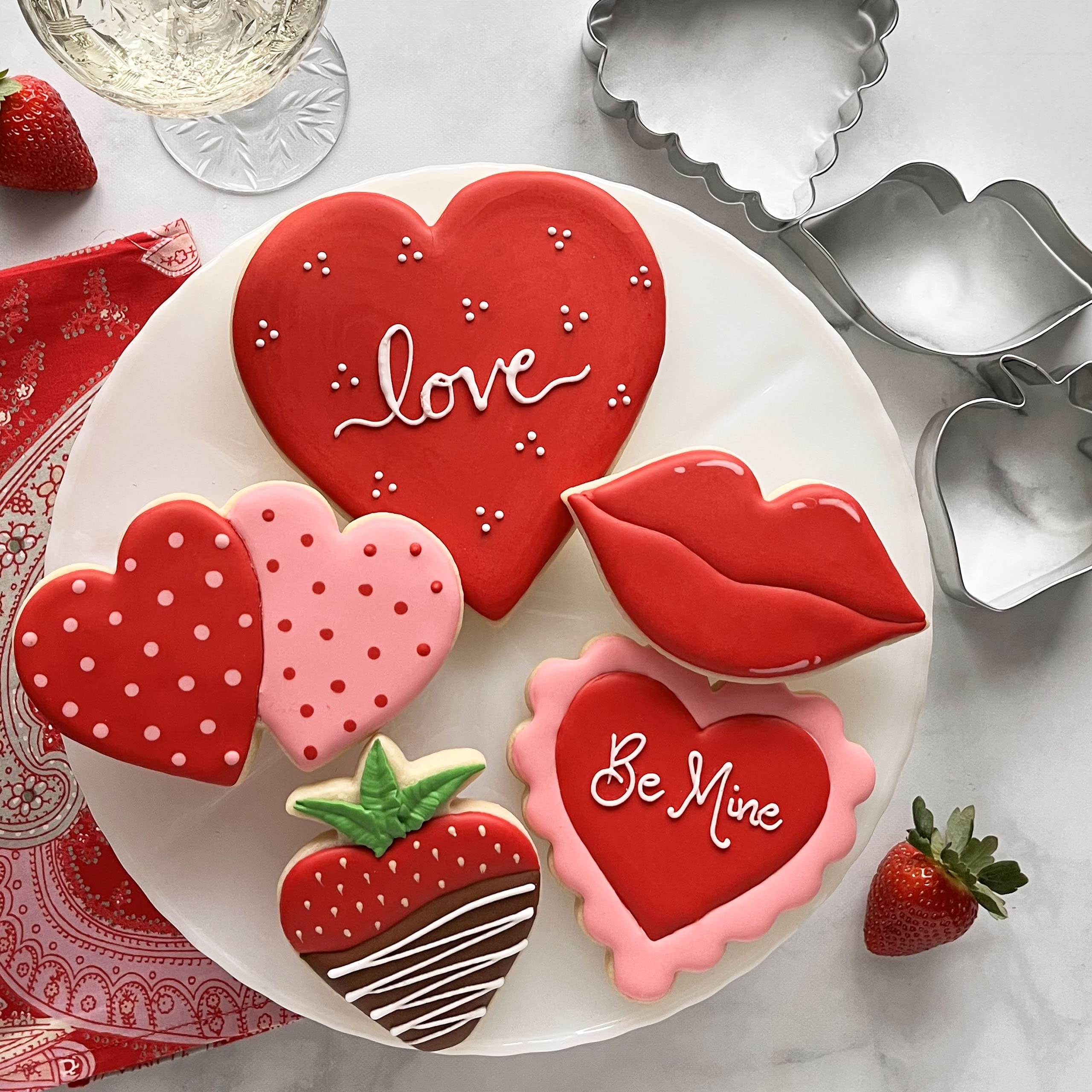 Valentines Day Cookie Cutters 5-Pc. Set Made in USA by Ann Clark, Heart, Strawberry, Scalloped Heart, Lips, Double Heart