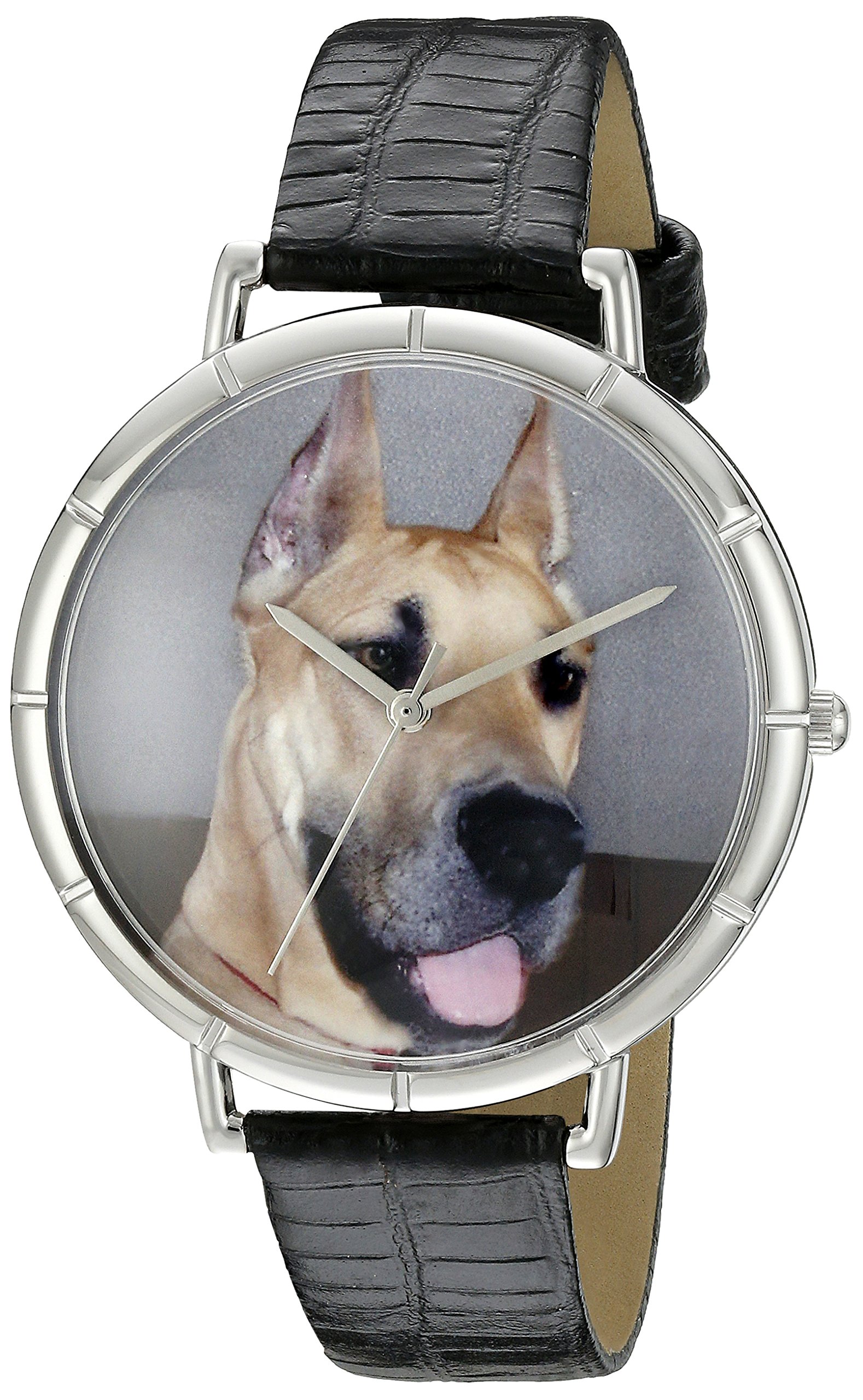 Whimsical Watches Great Dane Black Leather and Silvertone Photo Unisex Quartz Watch with White Dial Analogue Display and Multicolour Leather Strap T-0130080