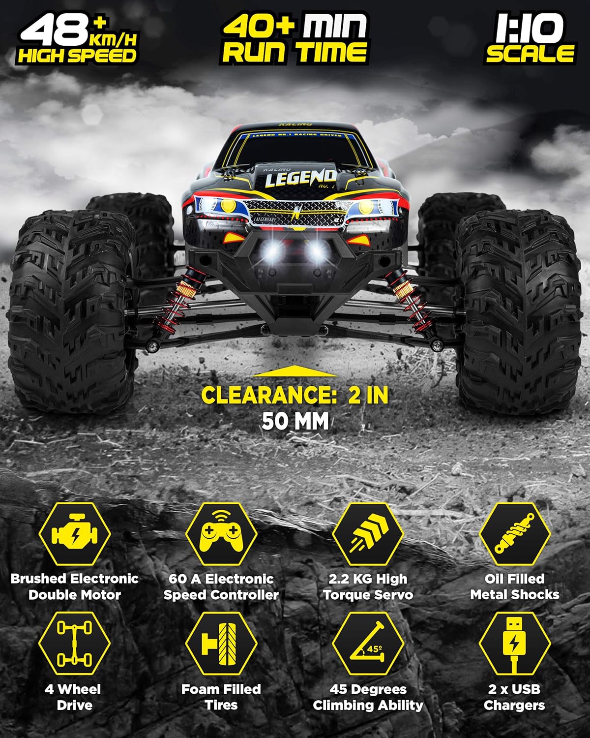 1:10 Scale Large RC Cars 48+ kmh Speed - Boys Remote Control Car 4x4 Off Road Monster Truck Electric - All Terrain Waterproof Toys Trucks for Kids and Adults - 2 Batteries + Connector for 40+ Min Play: Toys & Games