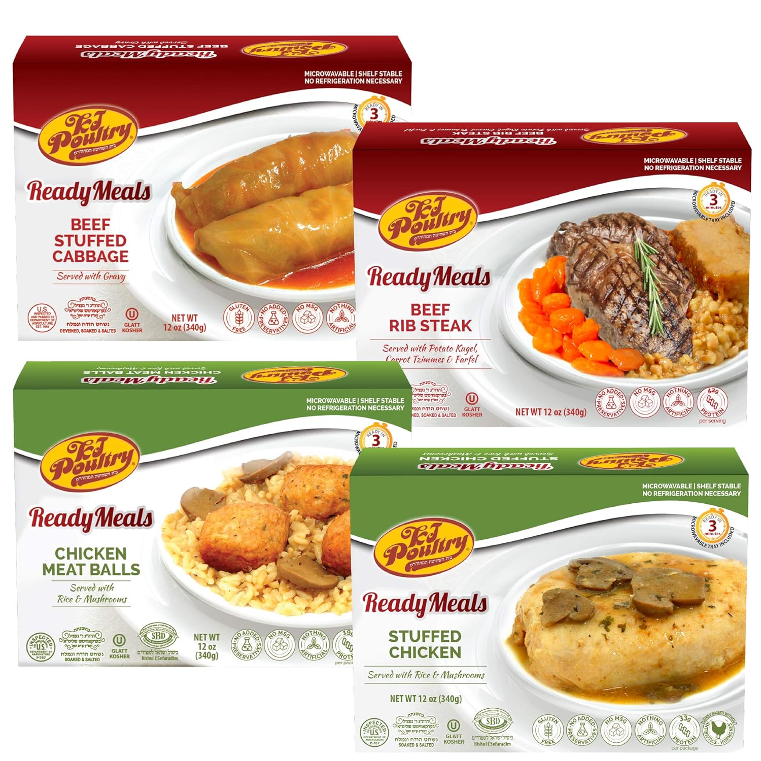 Kosher Mre Meat Meals Ready to Eat, Variety of Beef Rib Steak, Stuffed Cabbage Rolls, Chicken Breast, Chicken Meat Balls (4 Pack Bundle) - Prepared Entree Fully Cooked, Shelf Stable Microwave Dinner