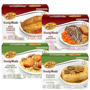 Kosher Mre Meat Meals Ready to Eat, Variety of Beef Rib Steak, Stuffed Cabbage Rolls, Chicken Breast, Chicken Meat Balls (4 Pack Bundle) - Prepared Entree Fully Cooked, Shelf Stable Microwave Dinner