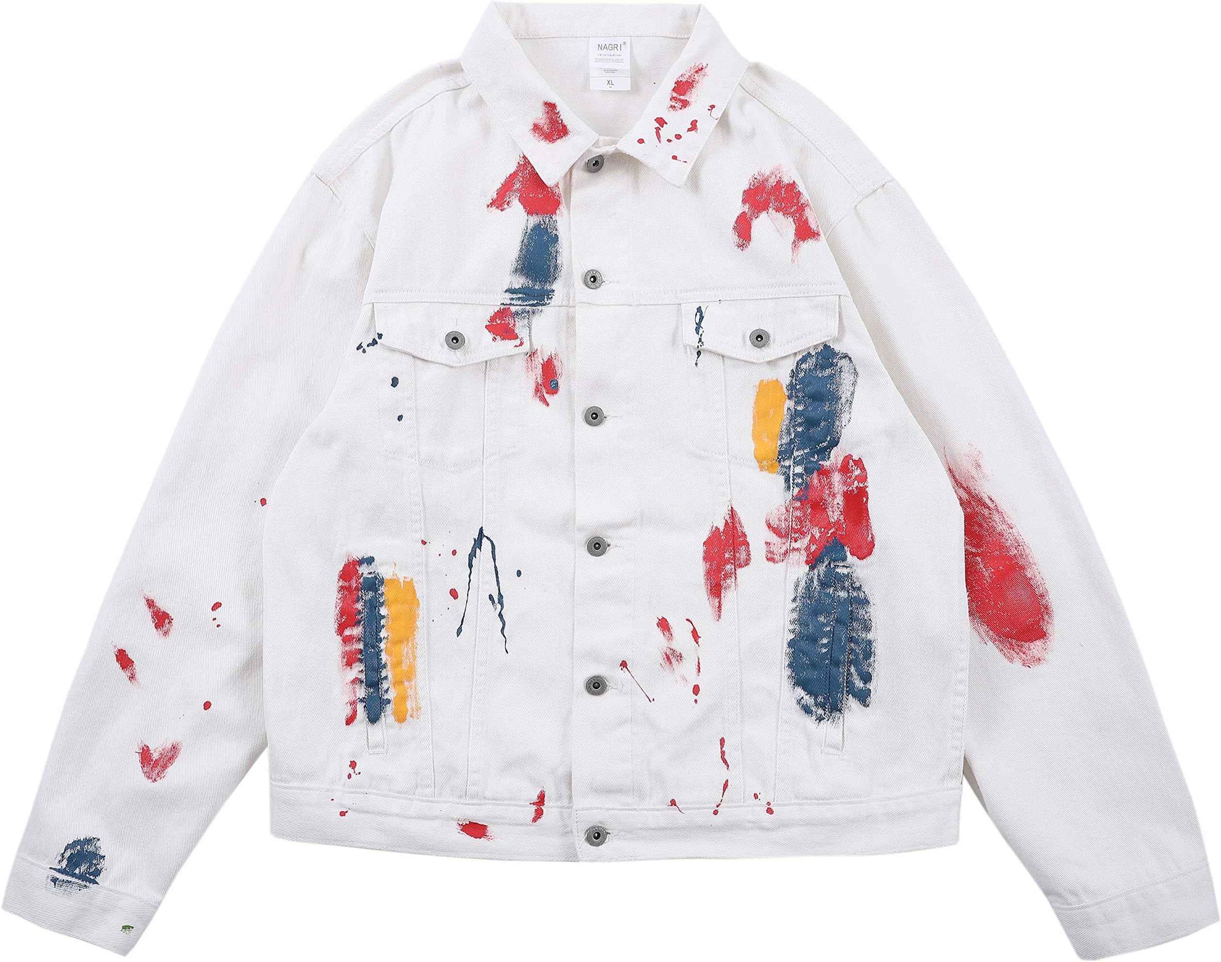 NAGRI Men's Colorful Denim Jackets Ripped Personality Ink Graffiti Button Down Jean Jacket Coat