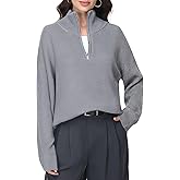 Simlakey Women Quarter Zip Sweater Oversized Collared Ribbed Knit Pullover Long Sleeve V Neck Casual Jumper Fall Fashion Top