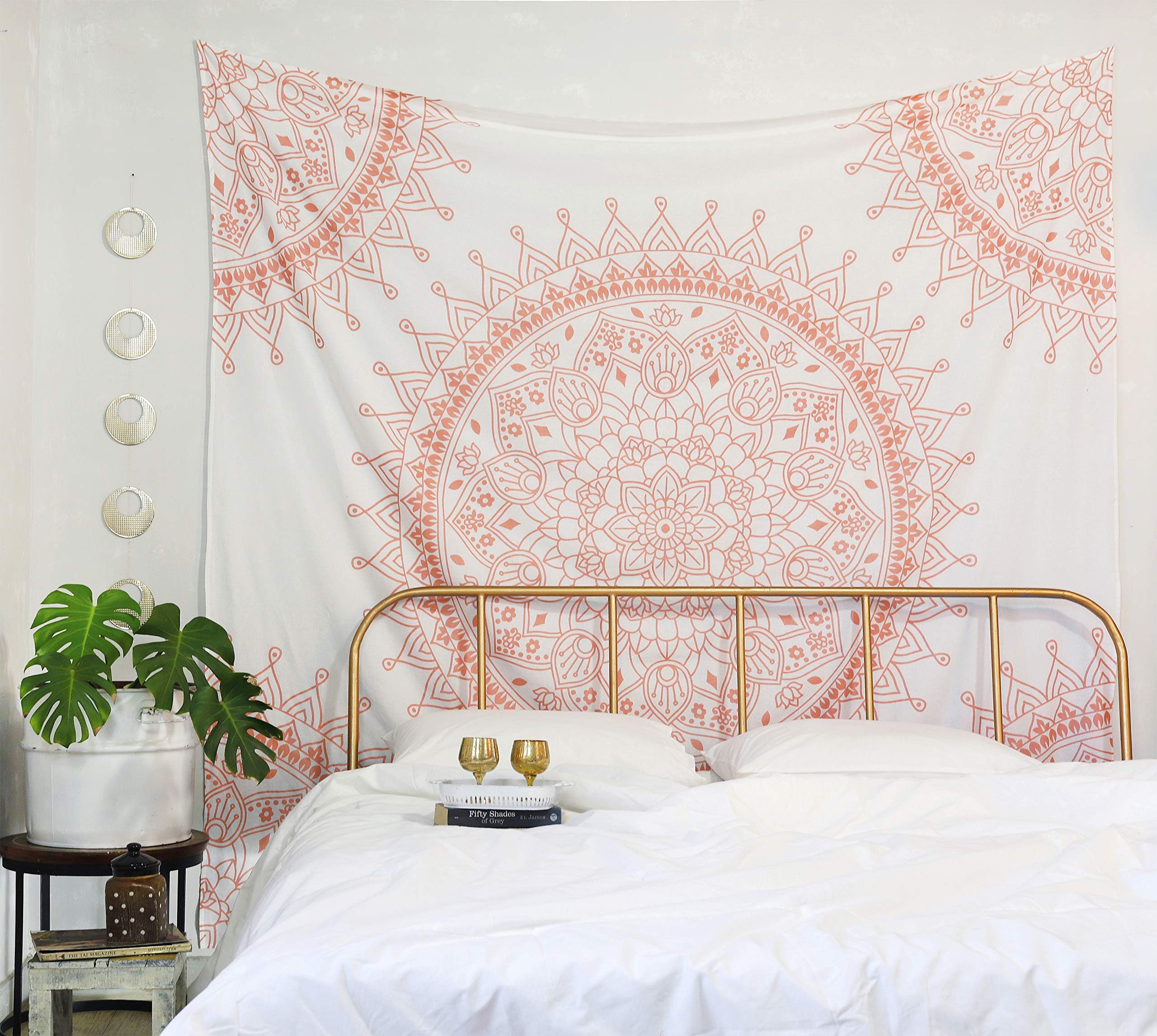 Madhu International Mandala Tapestries Hippie Tapestries Wall Tapestry Mandala Wall Hanging Bohemian Indian Cotton Mandala Bedspread (Queen(84x90Inches)(215x230Cms), Rose Gold)