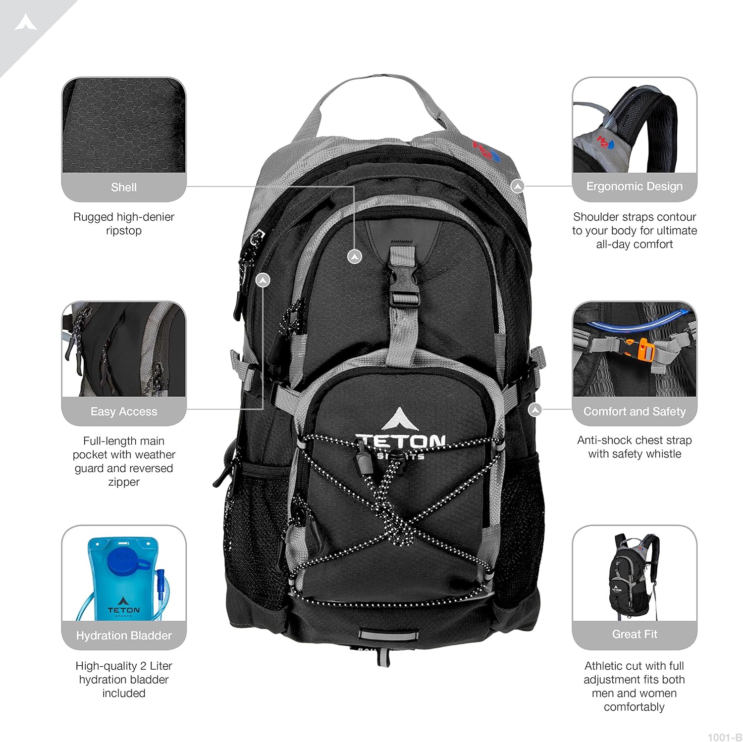 TETON Sports Oasis 1100 Hydration Pack; Free 2-Liter Hydration Bladder; For Backpacking, Hiking, Running, Cycling, and Climbing; Black, 18.5" x 10" x 7", Model Number: 1001B : Sports & Outdoors