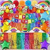 Rainbow Birthday Decorations, 104Pcs Rainbow Party Supplies for Boys and Girls, Colorful Streamers Party Decors Set, Birthday Party Backdrop