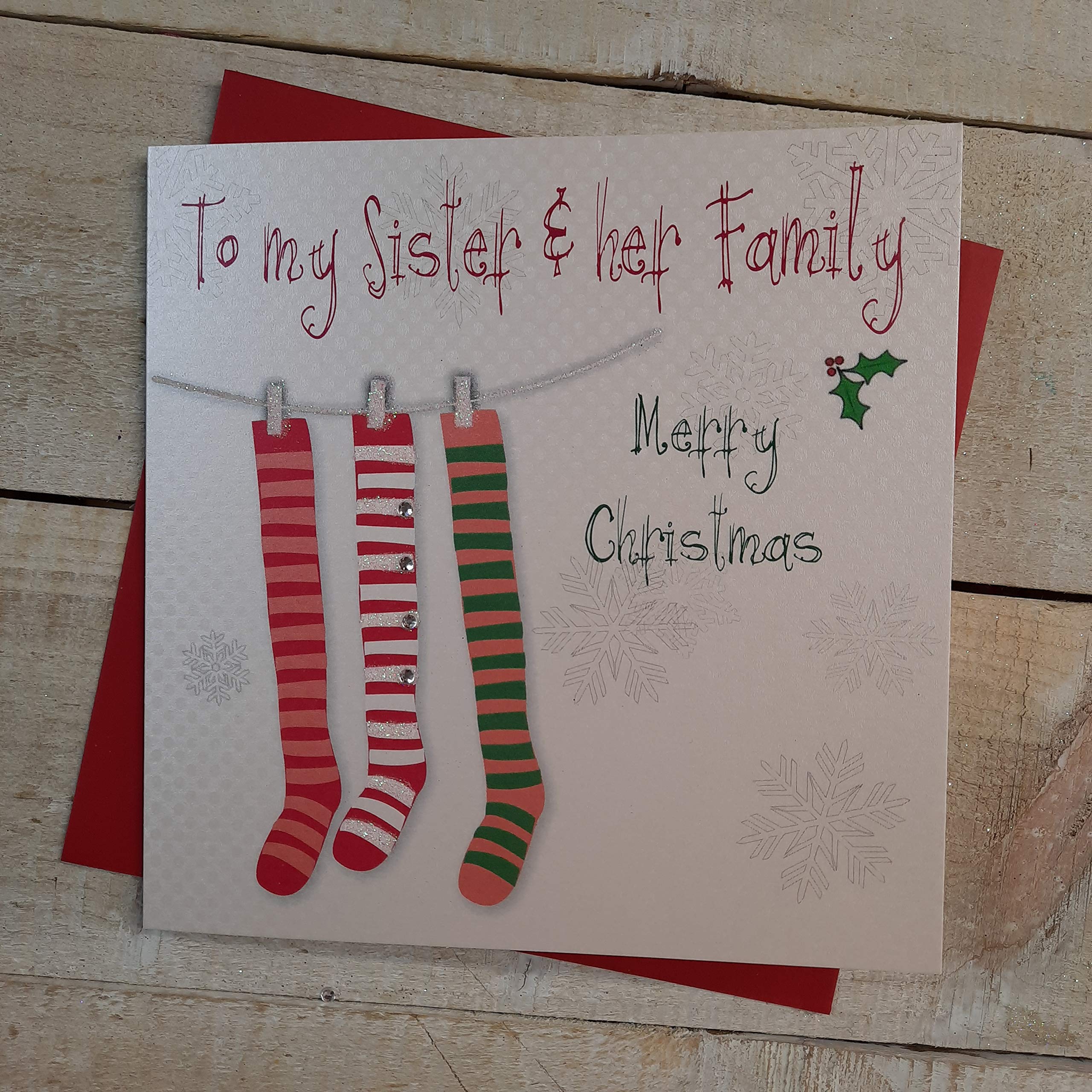 White Cotton Cards To My Sister & Her Family Merry Handmade Christmas Card (Stockings)