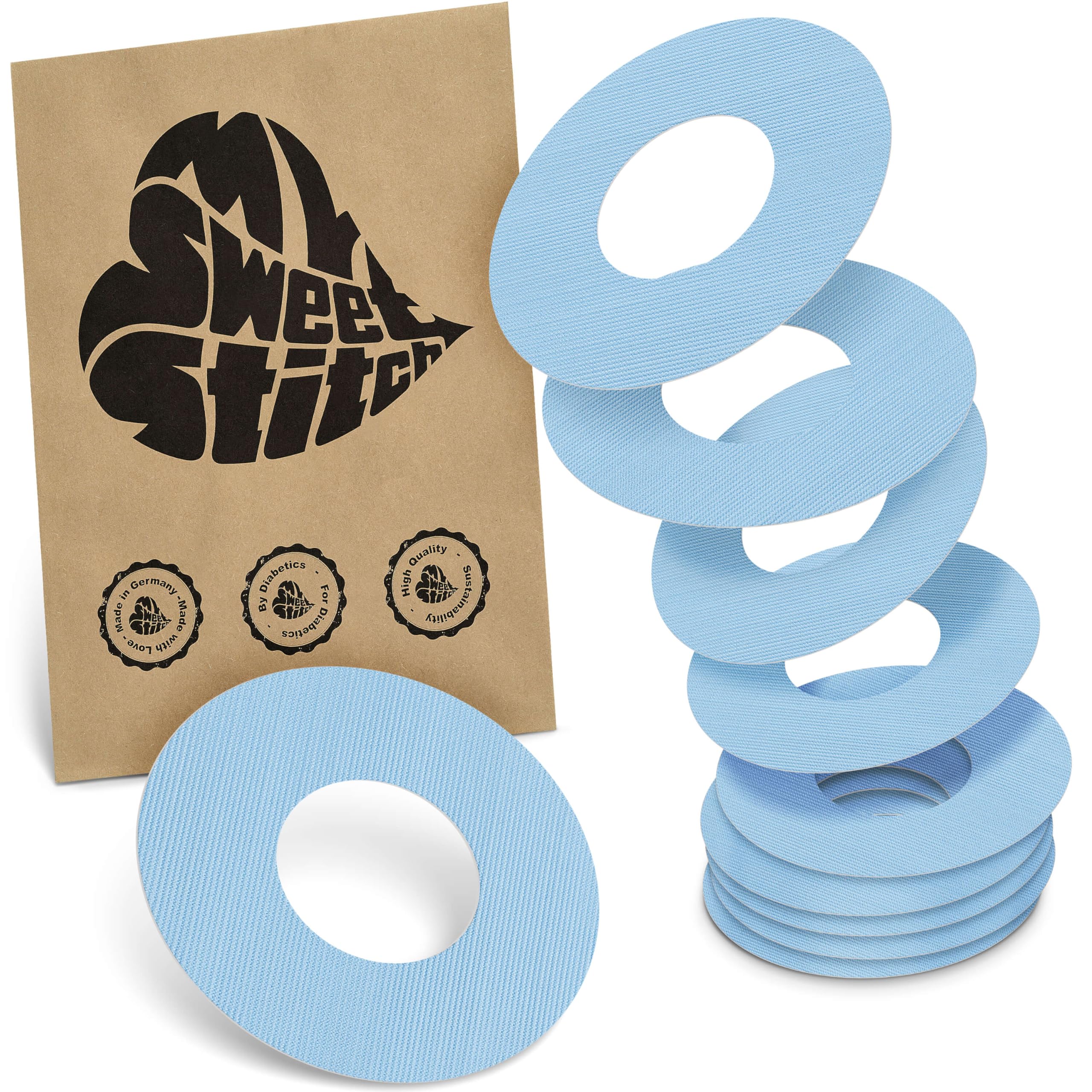 MySweetStitch - 10 x Freestyle Libre 1 & 2 Patches, Ring Patch Ø 65mm, Inner Ø 28mm, Waterproof, Breathable, Skin-Friendly, Made in Germany, Ice Blue