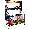 Fitvids Garage Sports Equipment Organizer, Garage Ball Storage, Sports Gear Storage, Garage Organizer with Baskets and Hooks, Rolling Sports Ball Storage Cart, Black, Steel, Multiple Styles