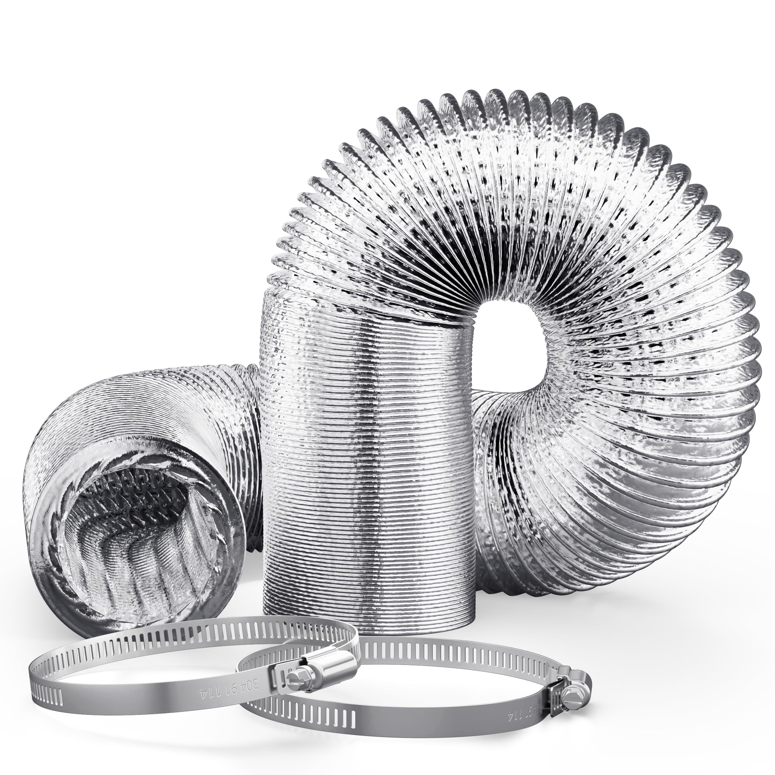 Adair 4inch x 10ft (3M) Air Ducting Tumble Dryer Vent Hose 100mm Silver, Wide Long Flexible Aluminium Air Hose, Includes Hose Clamps, Suitable for Air Conditioner, Bathroom Extractor Fan (3 Metre)