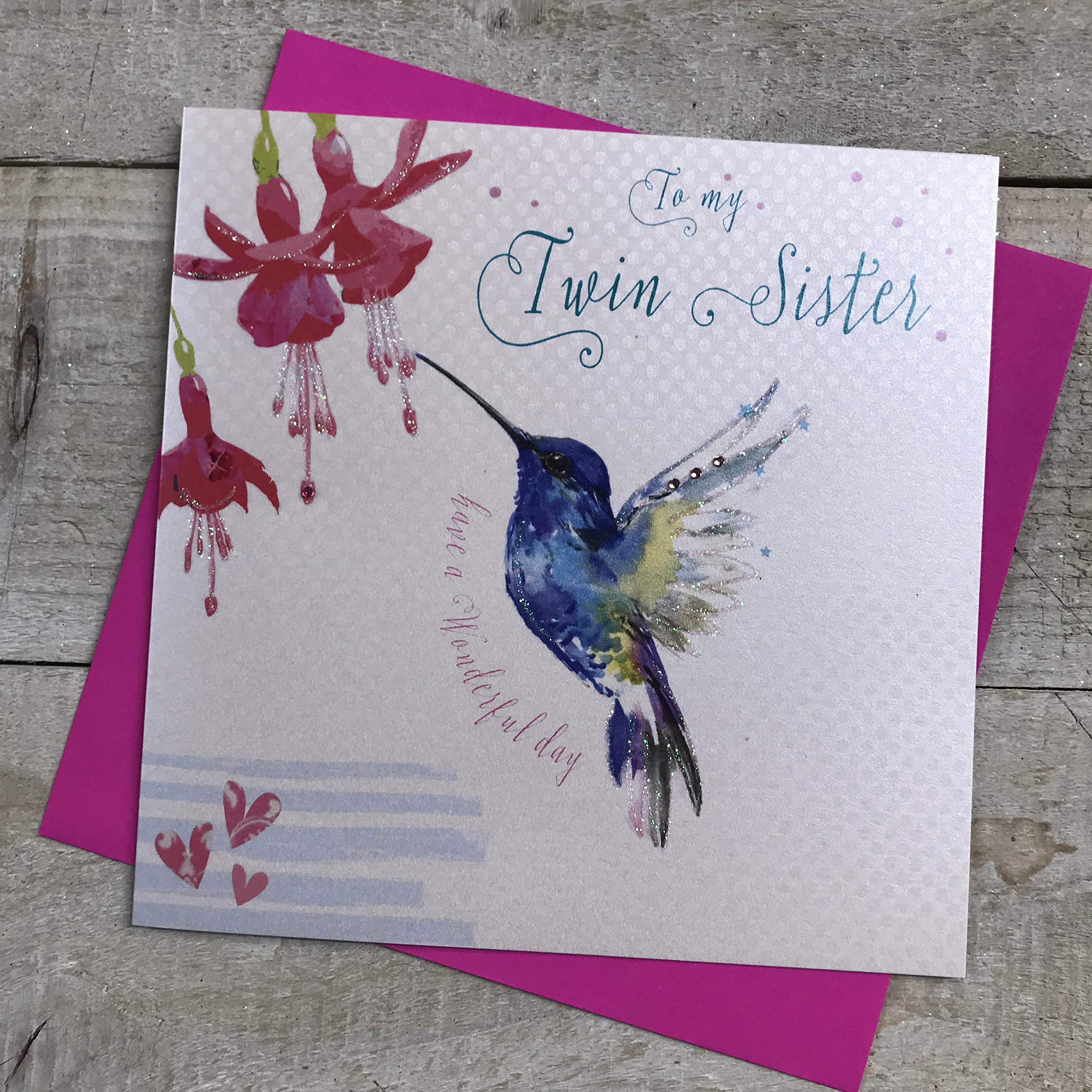 WHITE COTTON CARDS B247-TW Twin Sister Birthday Card - Handmade Card - Decorated Hummingbird,red|blue|grey,16cm x 16cm
