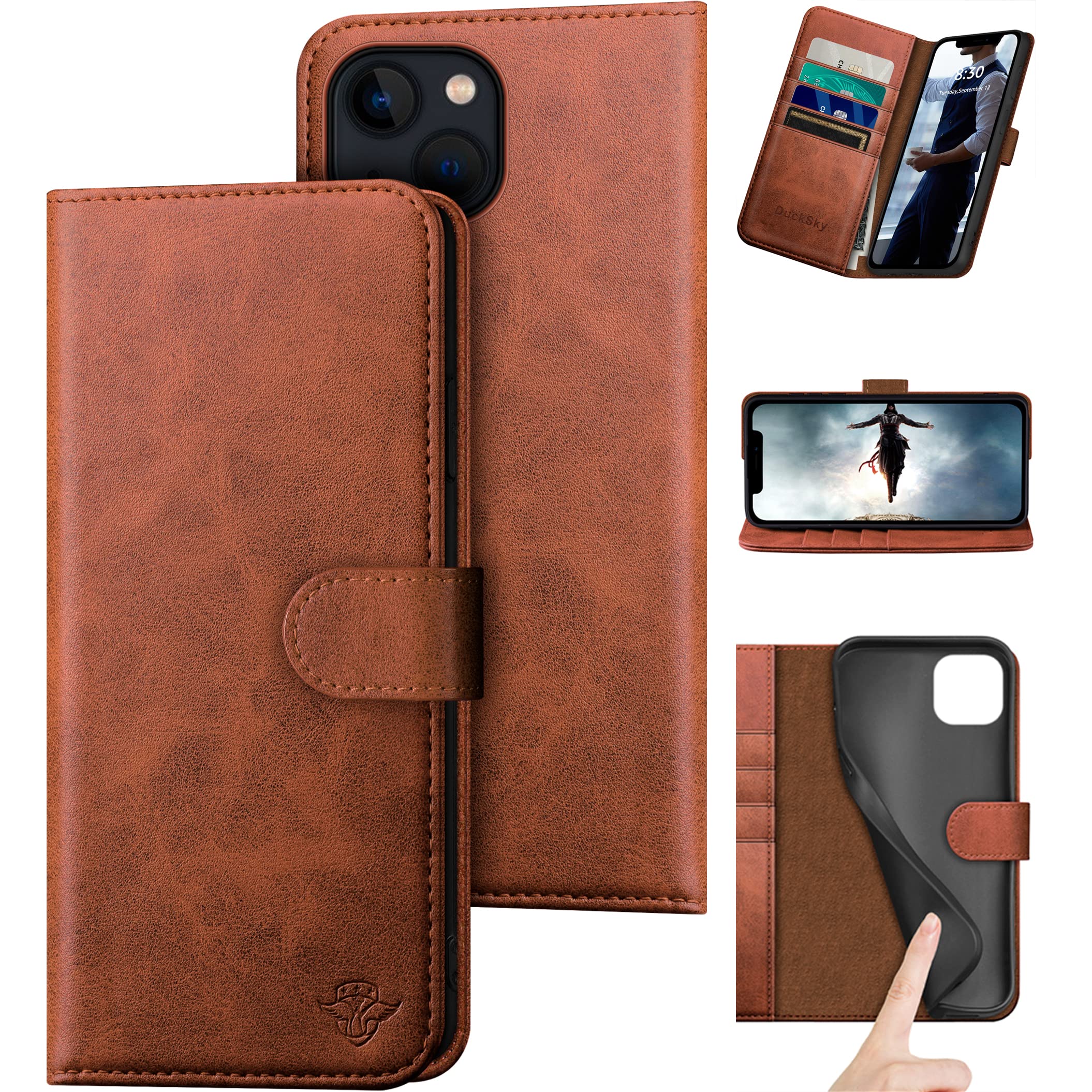 Photo 1 of DuckSky for iPhone 14 6.1" Genuine Leather Wallet case ?RFID Blocking??4 Credit Card Holder??Real Leather? Flip Folio Book Phone case Protective Cover Women Men for Apple 14 5G case Light Brown