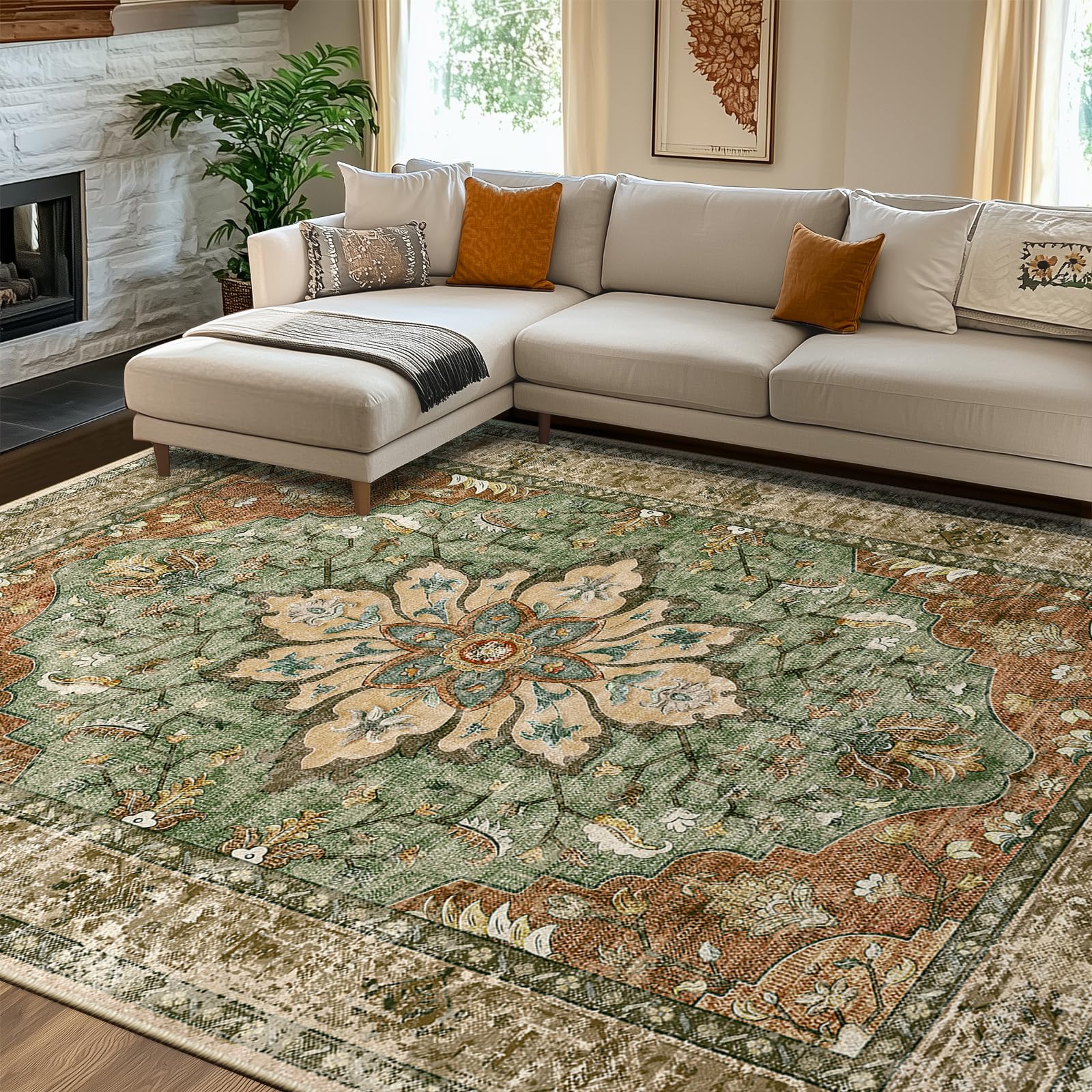 RELEANY Area Rugs 8'x10' Washable Non-Slip, Floral Vintage Distress Print Pattern Medallion Carpet for Living Room Bedroom Dining Room, Brick Red Rust Neutral Brown Burnt Orange Green