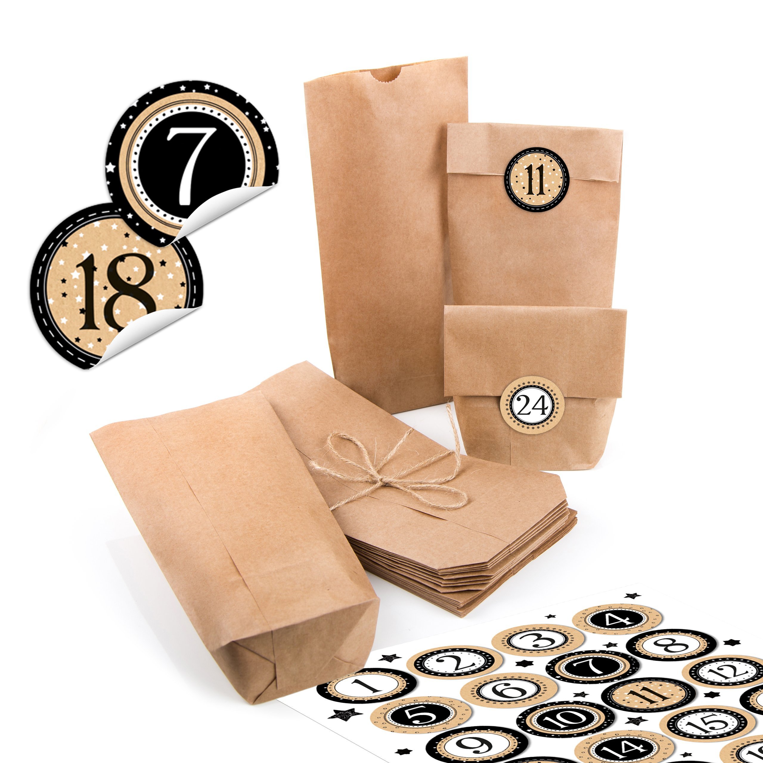 24 Small Brown Paper Bags Natural Kraft Paper 10.7 x 22 x 4.2 cm + 1 to 24 Numbers Stickers Advent Calendar Stars Black White Beige Craft Fill Calendar Christmas Mini Bags