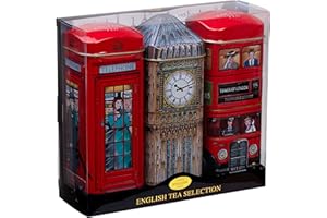 New English Teas British Souvenir 3x Tea Tins with 42 English Breakfast Teabags - Big Ben, London Bus, Telephone Box, UK Foods