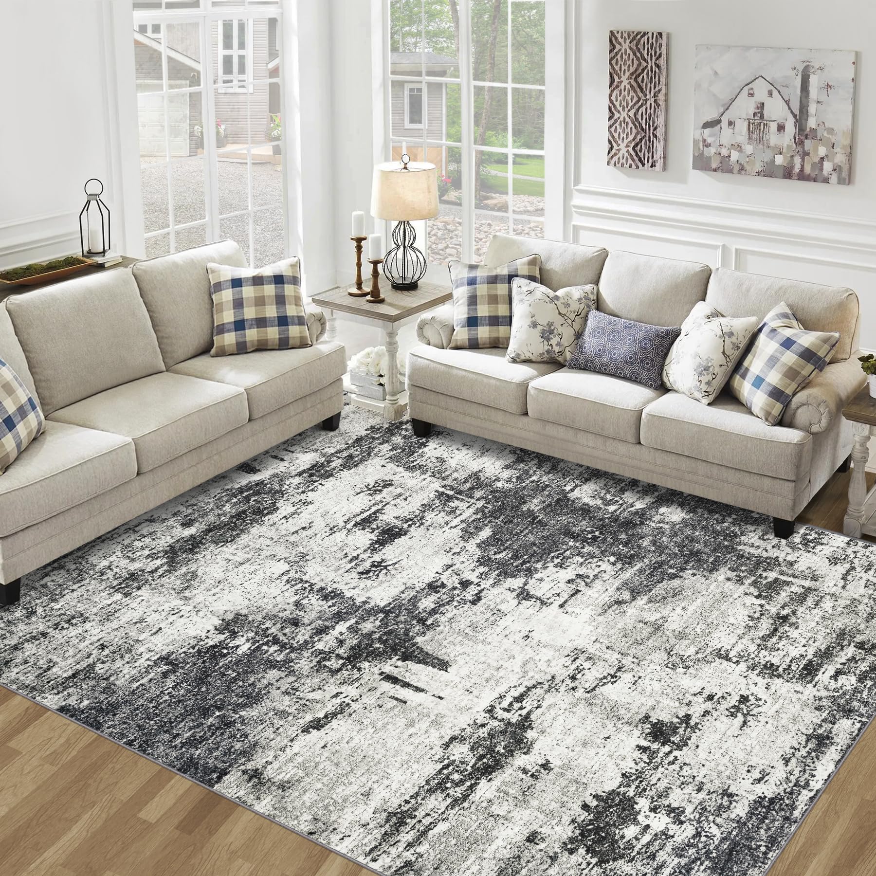 Photo 1 of 10x14 Area Rugs Living Room Rugs: Large Washable Rug with Anti-Slip Backing Non-Shedding Stain-Resistant Soft Abstract Carpet for Bedroom Dining Room Nursery Home Office-Black/Gray