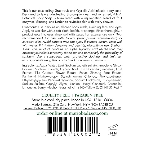 MARIO BADESCU AHA BOTANICAL BODY WASH MOISTURIZING, CLARIFYING AND GENTLE EXFOLIATING BODY WASH FOR BRIGHTER, SOFTER AND SMOOTHER SKIN | SOAP INFUSED WITH GLYCOLIC ACID & FRUIT ENZYMES | 16 FL OZ