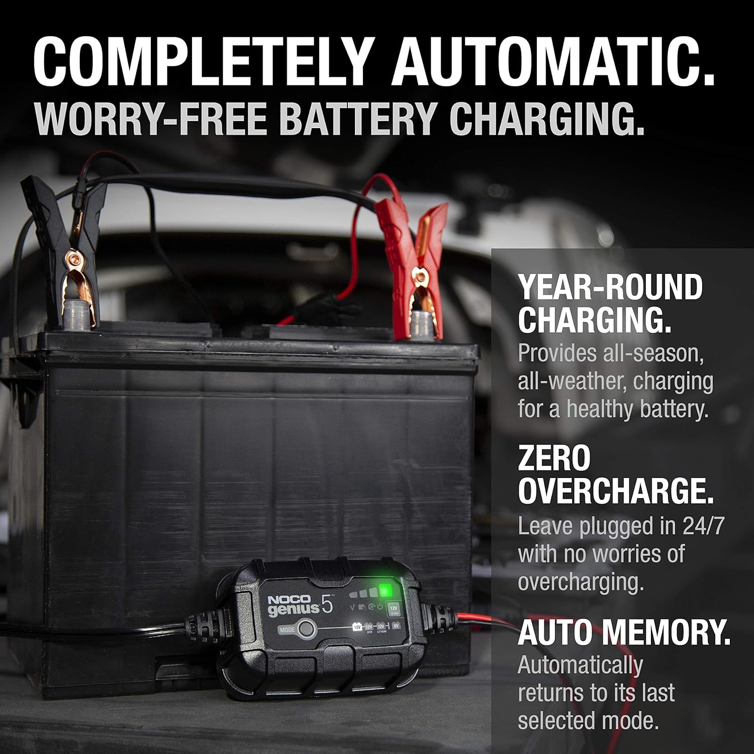 NOCO GENIUS5, 5-Amp Fully-Automatic Smart Charger, 6V And 12V Battery Charger, Battery Maintainer, And Battery Desulfator With Temperature Compensation: Automotive