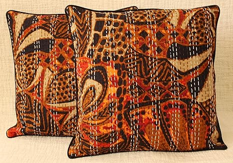 Buy Agasvi Cotton Brown Red Floral Print Kantha Hand Embroidered