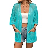 BB&KK Lightweight Summer Crochet Cardigan for Women 3/4 Sleeve Open Front Sheer Knit Boho Kimono Cardigans with Pockets