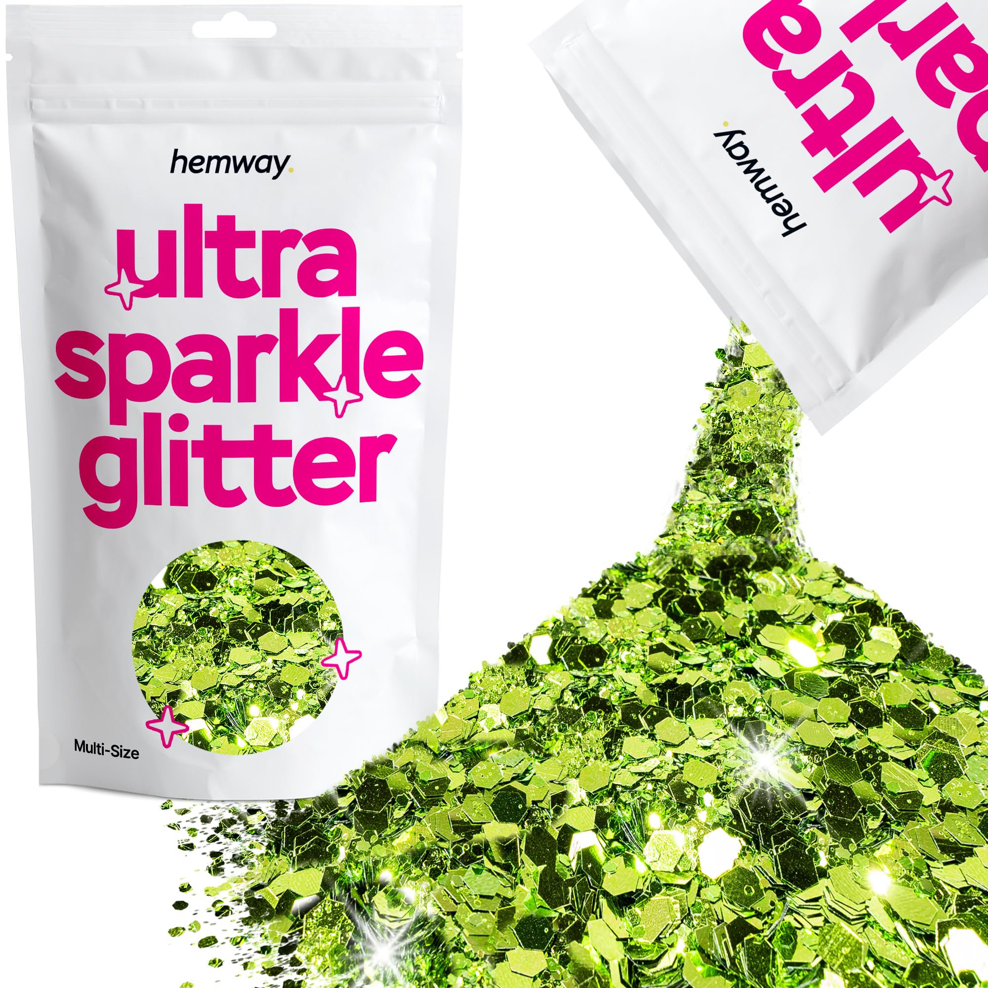 Hemway Ultra Sparkle Glitter Lime Green 100g Multi Size | Glitter for Arts & Craft, Makeup, Nail Art, Crafting, Card Making, Sparkle Decoration