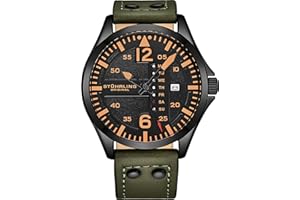 Stuhrling Original Mens Leather Watch -Aviation Watch, Quick-Set Day-Date Leather Band with Steel Rivets,