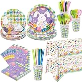 Kochorie 194 Pcs Colorful Easter Tableware Set Bunny Egg Dinnerware Supplies Include Paper Plates Napkins Cups Cutlery Tablecloth for Spring Easter Party Decoration, Serves 24 Guests