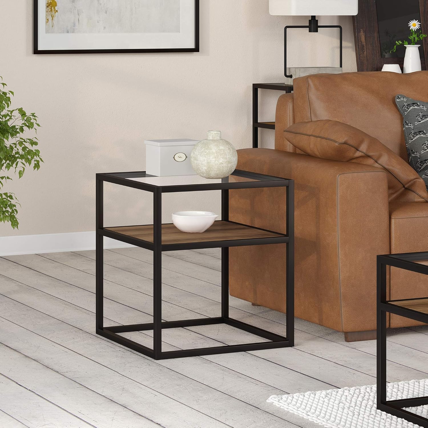 Henn&Hart Side Blackened Bronze and Oak end table, Black