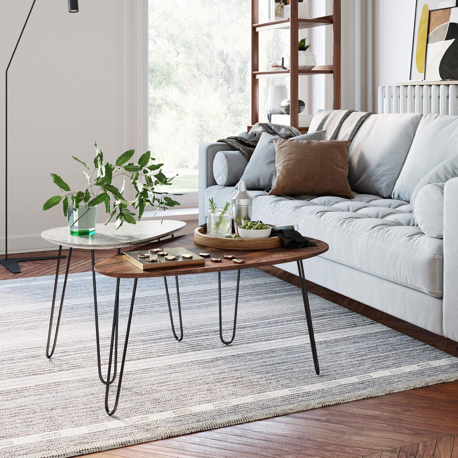Nathan James Bodhi Mid-Century Nesting Coffee Table Set of 2, Stacking Side or End for Living Room with Faux Carrara Marble, Wood Finish and Black Metal Legs, White/Walnut: Furniture & Decor
