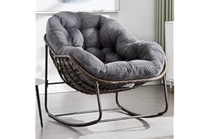 HOMEFUN Outdoor Patio Rocking Chairs, Oversized Papasan Rock Chair Indoor with Striped Velvet Padded Cushion - Rocker Egg Seat for Front Porch, Garden, Patio, Backyard Grey