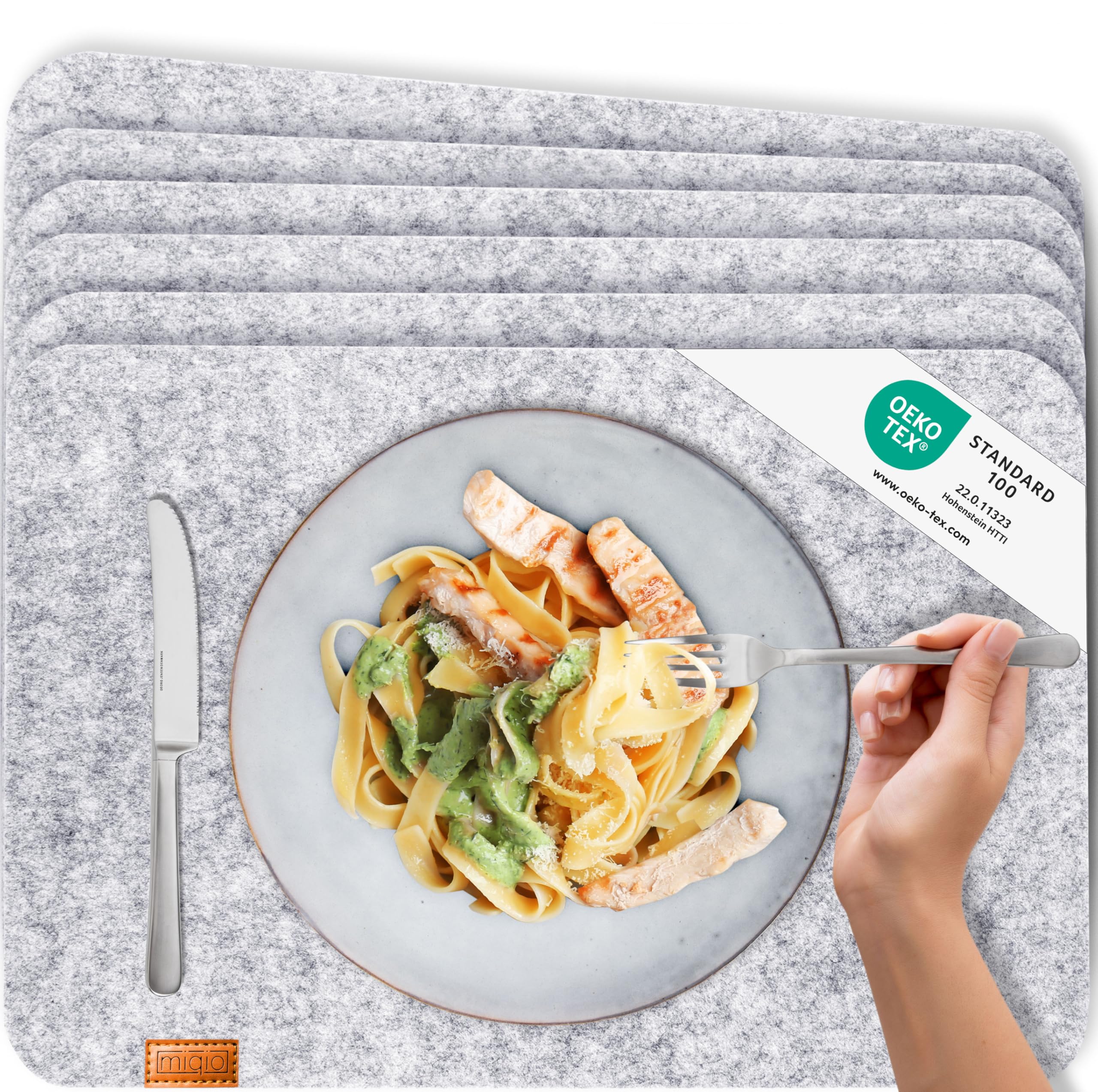 MIQIO® Scandi Style Felt Place Mats - Felt & Leather - Washable | Set of 6 Felt Placemats 44x30 cm | Table Mats for Table Decoration | Light Grey