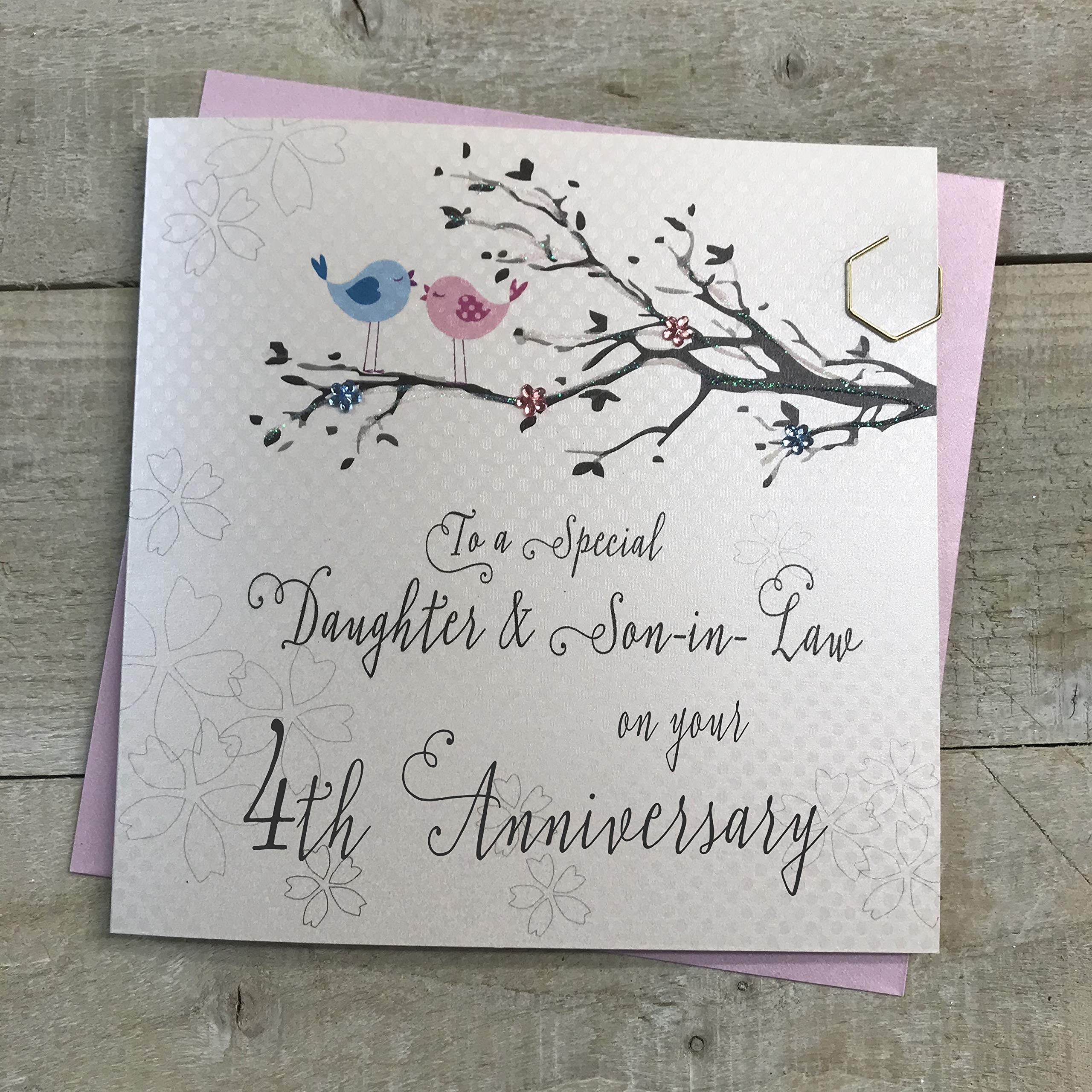 White Cotton Cards Daughter & Son-in-Law 4th Wedding Anniversary Card Forth Fruit Birds and Tree branch PD193-4,16cm x 16cm