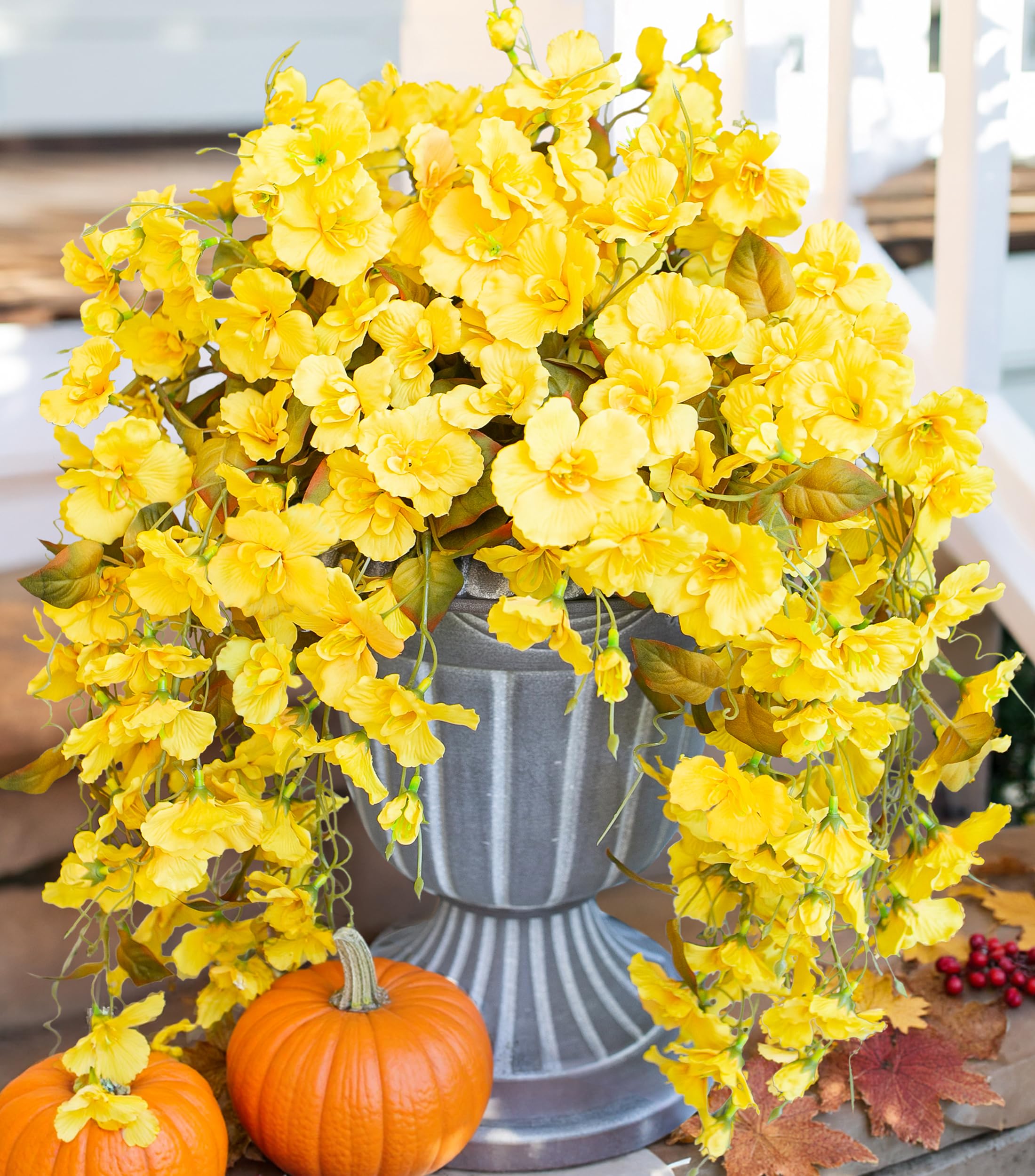 Photo 1 of HyeFlora Hibiscus Fall Flowers Artificial Hanging Flowers Plants for Outdoors Autumn Decoration, 4pcs Yellow Silk Hibiscus Vines Realistic UV Resistant Faux Flowers for Outside Planters Garden Indoor