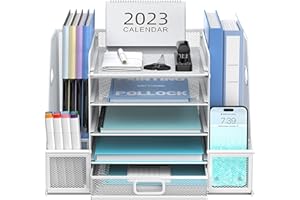 SUPEASY Mesh Desk Organizer with File Holder 5-Tier Paper Letter Tray Organizer with Magazine Holder Desktop Organizer and St