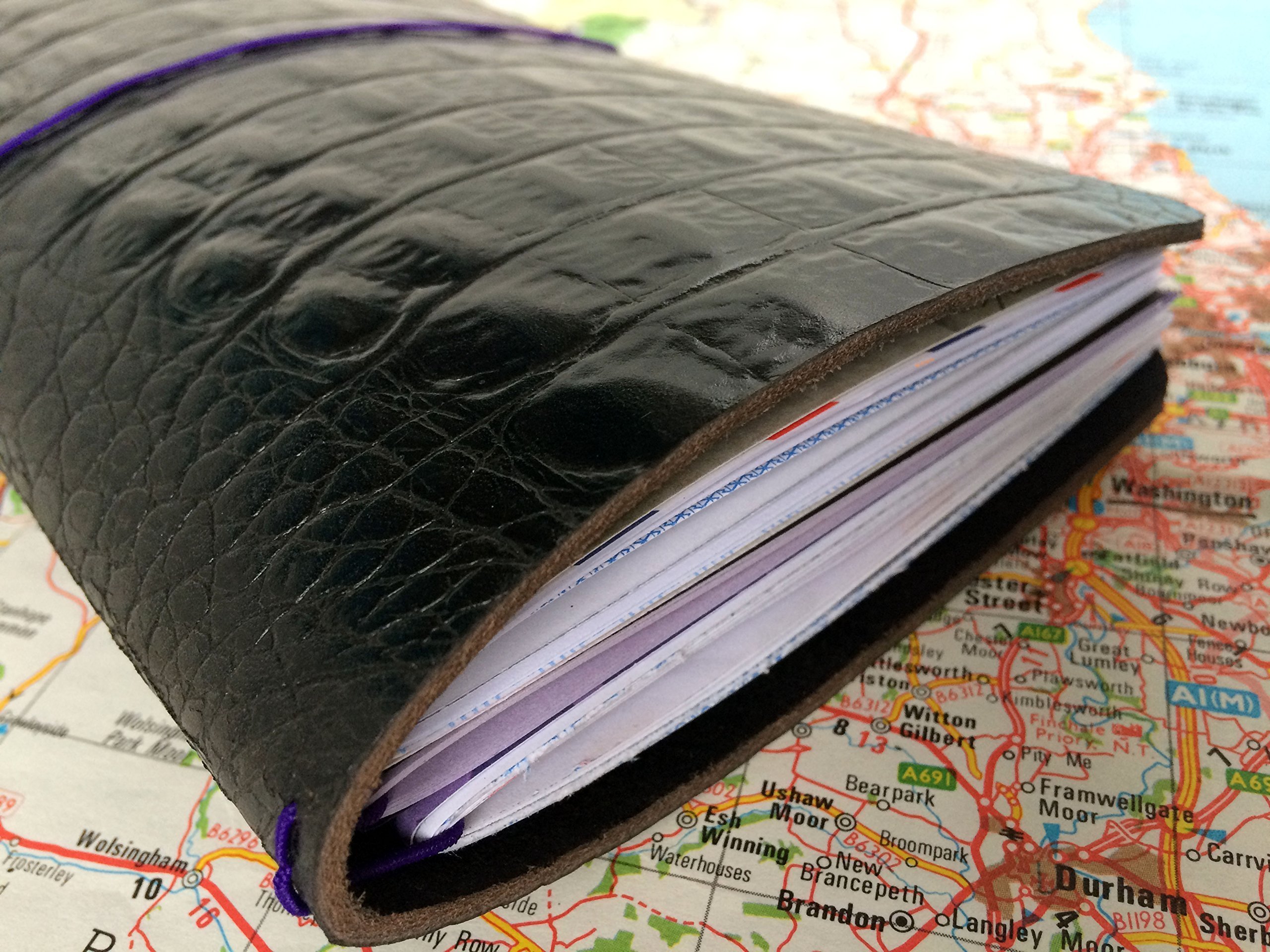 Leather Traveller's Notebook - Fauxdori - Midori Compatible - Black Mock Crocodile Leather with 3 Inserts 21 x 11 cm