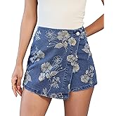 luvamia Denim Skorts for Woman Trendy Floral Print Faux Wrap Stretchy High Waisted Elasitc Waist Jean Shorts Skirt Skort
