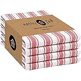 Native Fab 100% Cotton Red Kitchen Towels - 16x26 inches - Set of 4 - Basket Weave Stripe Dish Towels for Cleaning, Drying Dishes, Absorbent Dish Cloths Set with Hanging Loop - Red White