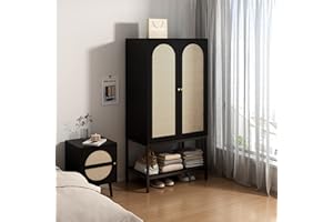 QEIUZON Wardrobe Closet, Rattan Freestanding Wardrobe Cabinet with Storage Cubes & Hanging Rod, Bedroom Armoire, 2-Doors-Black